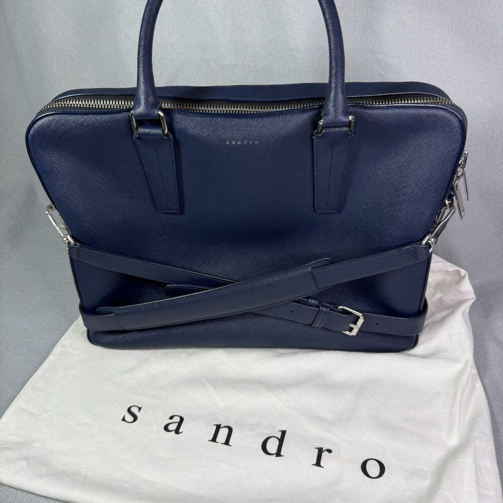 Sandro Paris Downtown Navy Saffiano Leather Briefcase Laptop Bag Crossbody